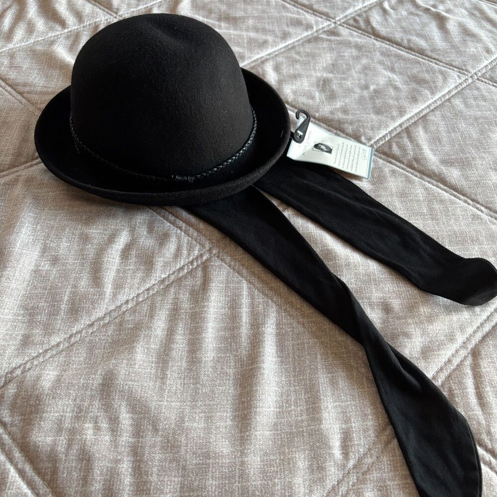 Jaclyn Smith Kmart Black Felt Bowler Hat Long Scarf Tie Straps